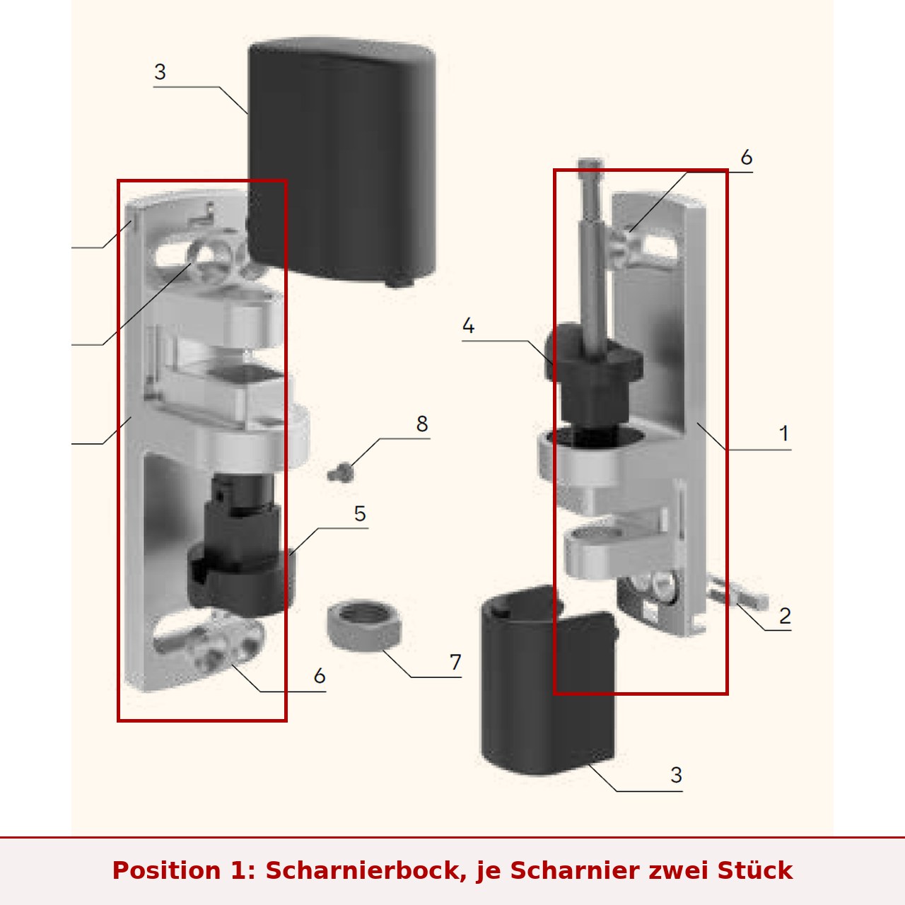 Explosionsdarstellung STUV VARIOFLEX2 mit rot markierter Position 1, dem Scharnierbock aus Zink-Druckguss, von dem je Scharnier zwei Stück verbaut werden